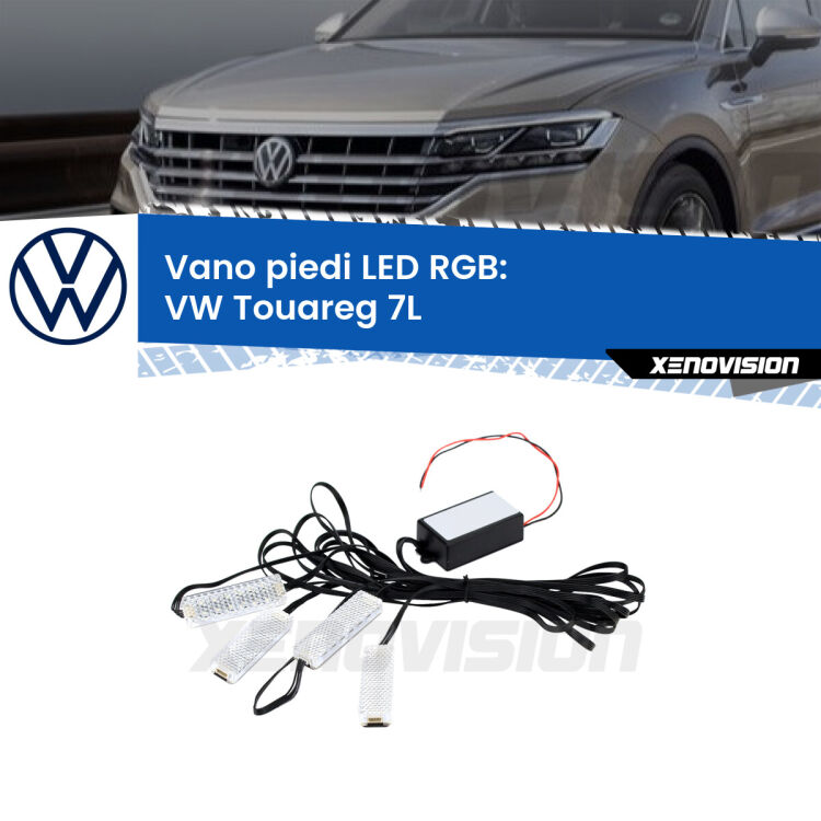 <strong>Kit placche LED cambiacolore vano piedi VW Touareg</strong> 7L 2002 - 2010. 4 placche <strong>Bluetooth</strong> con app Android /iOS.