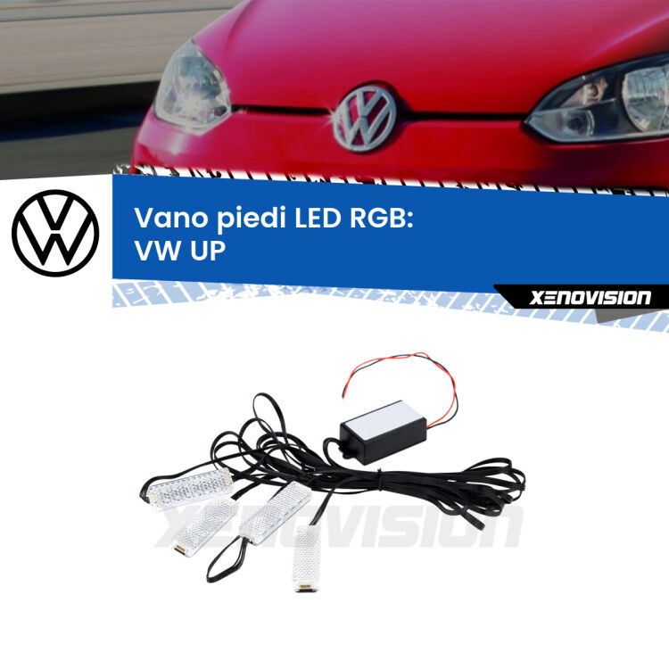 <strong>Kit placche LED cambiacolore vano piedi VW UP</strong>  2011 - 2024. 4 placche <strong>Bluetooth</strong> con app Android /iOS.