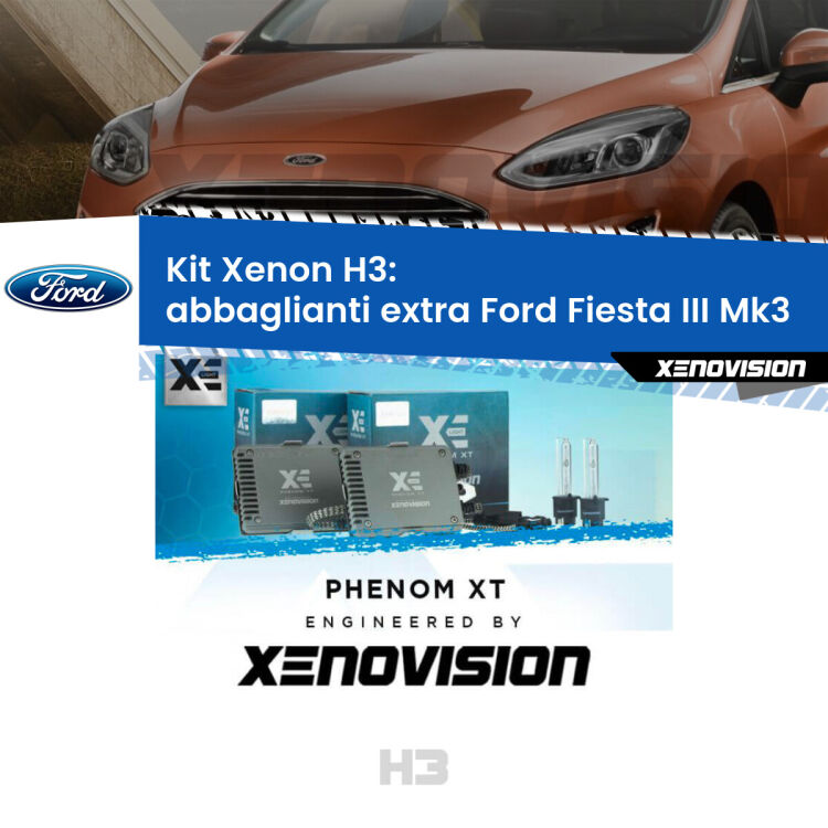 <strong>Kit Xenon H3 Professionale per abbaglianti extra Ford Fiesta III </strong> Mk3 1989 - 1995. Taglio di luce perfetto, zero spie e riverberi. Leggendaria elettronica Canbus Xenovision. Qualità Massima Garantita.