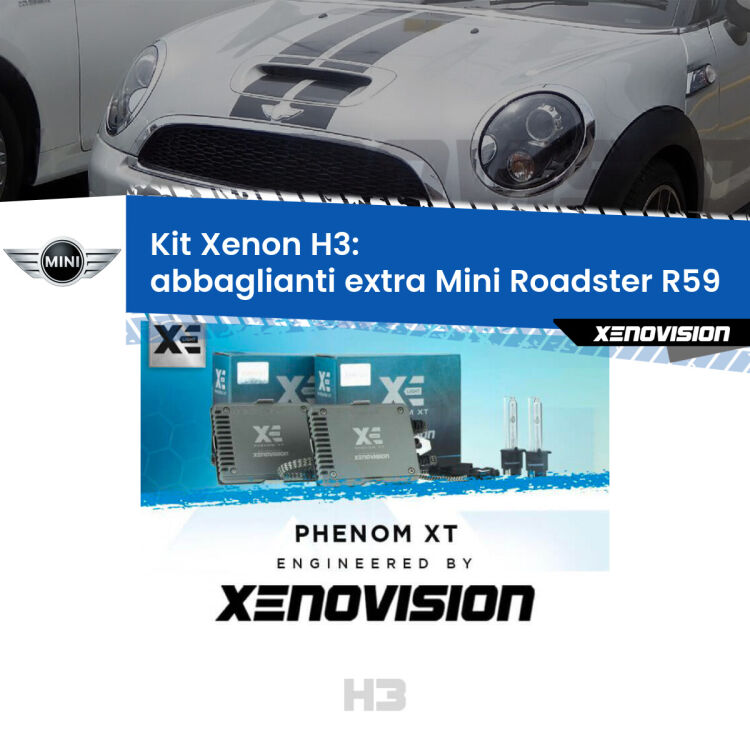<strong>Kit Xenon H3 Professionale per abbaglianti extra Mini Roadster </strong> R59 2012 - 2015. Taglio di luce perfetto, zero spie e riverberi. Leggendaria elettronica Canbus Xenovision. Qualità Massima Garantita.
