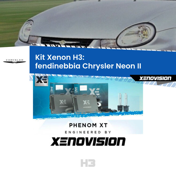 Kit Xenon H3 Canbus per Fendinebbia Chrysler Neon II  1999 - 2006 <strong>Kit Xenon H3 Professionale per fendinebbia Chrysler Neon II </strong>  1999 - 2006. Taglio di luce perfetto, zero spie e riverberi. Leggendaria elettronica Canbus Xenovision. Qualità Massima Garantita.