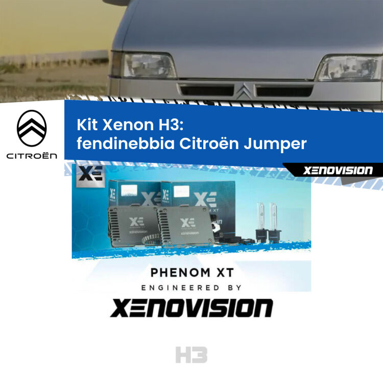 Kit Xenon H3 Canbus per Fendinebbia Citroën Jumper  1994 - 2002 <strong>Kit Xenon H3 Professionale per fendinebbia Citroën Jumper </strong>  1994 - 2002. Taglio di luce perfetto, zero spie e riverberi. Leggendaria elettronica Canbus Xenovision. Qualità Massima Garantita.
