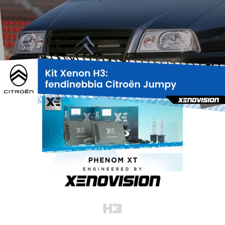 Kit Xenon H3 Canbus per Fendinebbia Citroën Jumpy  1994 - 2005 <strong>Kit Xenon H3 Professionale per fendinebbia Citroën Jumpy </strong>  1994 - 2005. Taglio di luce perfetto, zero spie e riverberi. Leggendaria elettronica Canbus Xenovision. Qualità Massima Garantita.