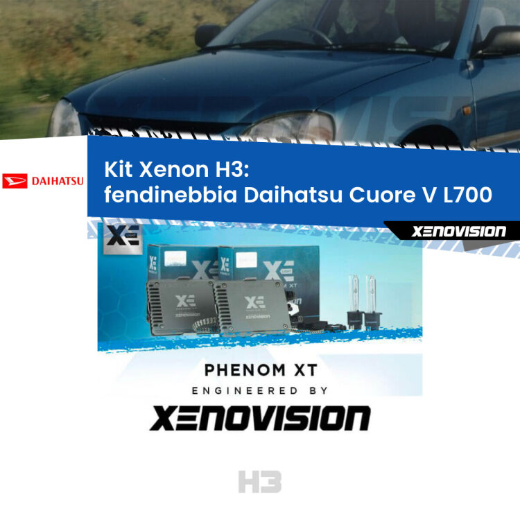<strong>Kit Xenon H3 Professionale per fendinebbia Daihatsu Cuore V </strong> L700 1998 - 2003. Taglio di luce perfetto, zero spie e riverberi. Leggendaria elettronica Canbus Xenovision. Qualità Massima Garantita.