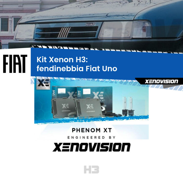 0 Kit Xenon H3 Canbus per Fendinebbia Fiat Uno 1983 - 1995 <strong>Kit Xenon H3 Professionale per fendinebbia Fiat Uno </strong> 1983 - 1995. Taglio di luce perfetto, zero spie e riverberi. Leggendaria elettronica Canbus Xenovision. Qualità Massima Garantita.