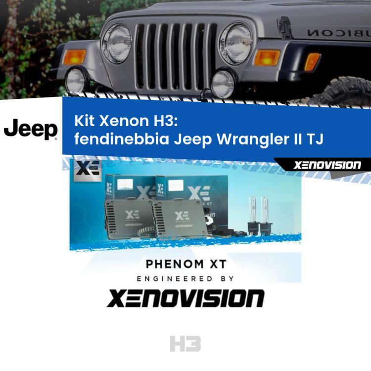 Kit Xenon H3 Canbus per Fendinebbia Jeep Wrangler II TJ 1996 - 2005 <strong>Kit Xenon H3 Professionale per fendinebbia Jeep Wrangler II </strong> TJ 1996 - 2005. Taglio di luce perfetto, zero spie e riverberi. Leggendaria elettronica Canbus Xenovision. Qualità Massima Garantita.