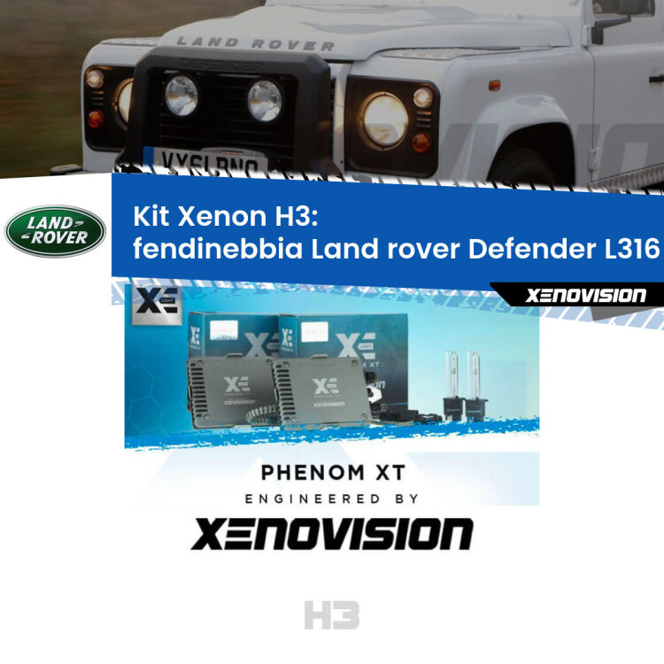 0 Kit Xenon H3 Canbus per Fendinebbia Land rover Defender L316 1998 - 2016 <strong>Kit Xenon H3 Professionale per fendinebbia Land rover Defender </strong> L316 1998 - 2016. Taglio di luce perfetto, zero spie e riverberi. Leggendaria elettronica Canbus Xenovision. Qualità Massima Garantita.