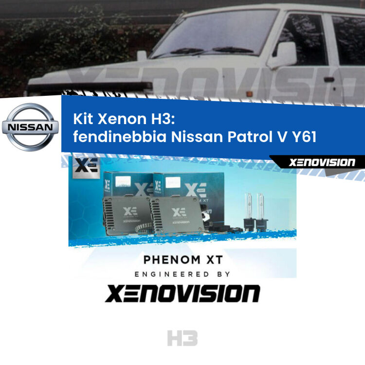 <strong>Kit Xenon H3 Professionale per fendinebbia Nissan Patrol V </strong> Y61 1997 - 2009. Taglio di luce perfetto, zero spie e riverberi. Leggendaria elettronica Canbus Xenovision. Qualità Massima Garantita.