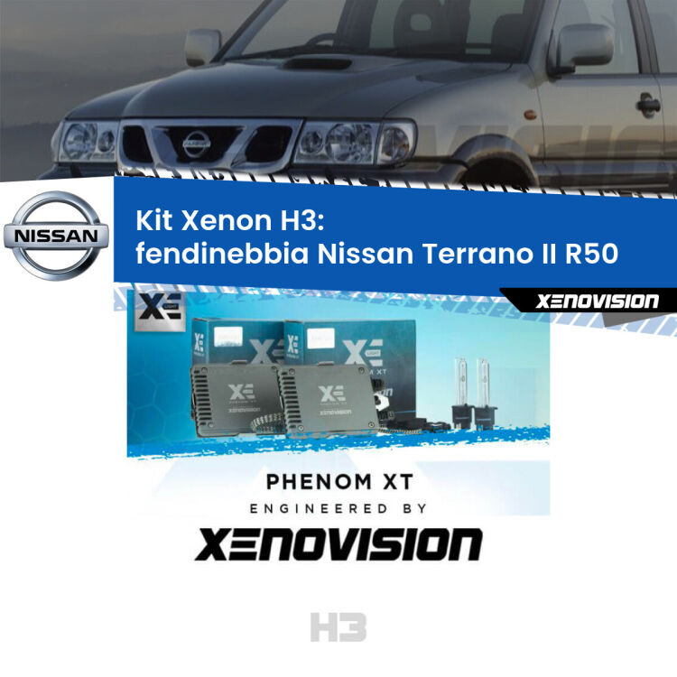 <strong>Kit Xenon H3 Professionale per fendinebbia Nissan Terrano II </strong> R50 1997 - 2004. Taglio di luce perfetto, zero spie e riverberi. Leggendaria elettronica Canbus Xenovision. Qualità Massima Garantita.