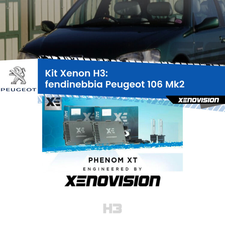 <strong>Kit Xenon H3 Professionale per fendinebbia Peugeot 106 </strong> Mk2 1996 - 2004. Taglio di luce perfetto, zero spie e riverberi. Leggendaria elettronica Canbus Xenovision. Qualità Massima Garantita.