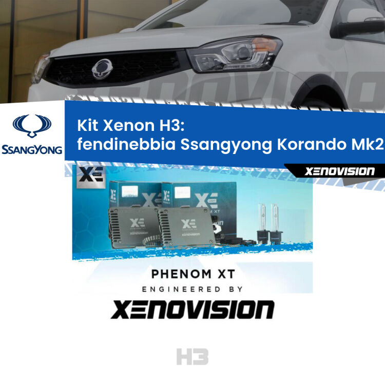 <strong>Kit Xenon H3 Professionale per fendinebbia Ssangyong Korando </strong> Mk2 1996 - 2006. Taglio di luce perfetto, zero spie e riverberi. Leggendaria elettronica Canbus Xenovision. Qualità Massima Garantita.