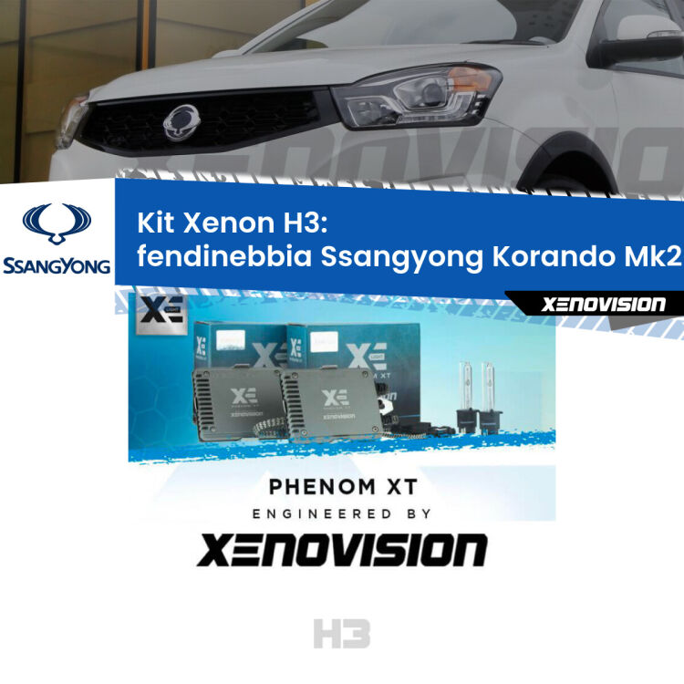 Kit Xenon H3 Canbus per Fendinebbia Ssangyong Korando Mk2 1996 - 2006 <strong>Kit Xenon H3 Professionale per fendinebbia Ssangyong Korando </strong> Mk2 1996 - 2006. Taglio di luce perfetto, zero spie e riverberi. Leggendaria elettronica Canbus Xenovision. Qualità Massima Garantita.