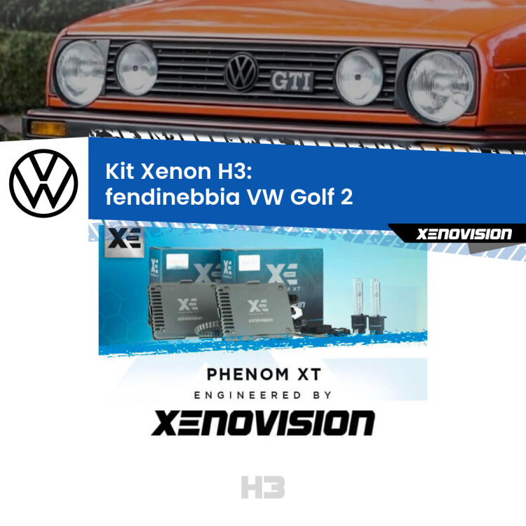 Kit Xenon H3 Canbus per Fendinebbia VW Golf 2  1983 - 1990 <strong>Kit Xenon H3 Professionale per fendinebbia VW Golf 2 </strong>  1983 - 1990. Taglio di luce perfetto, zero spie e riverberi. Leggendaria elettronica Canbus Xenovision. Qualità Massima Garantita.