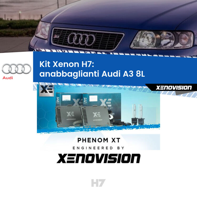 <strong>Kit Xenon H7 Professionale per Audi A3 </strong> 8L (1996 - 2000). Taglio di luce perfetto, zero spie e riverberi. Leggendaria elettronica Canbus Xenovision. Qualità Massima Garantita.