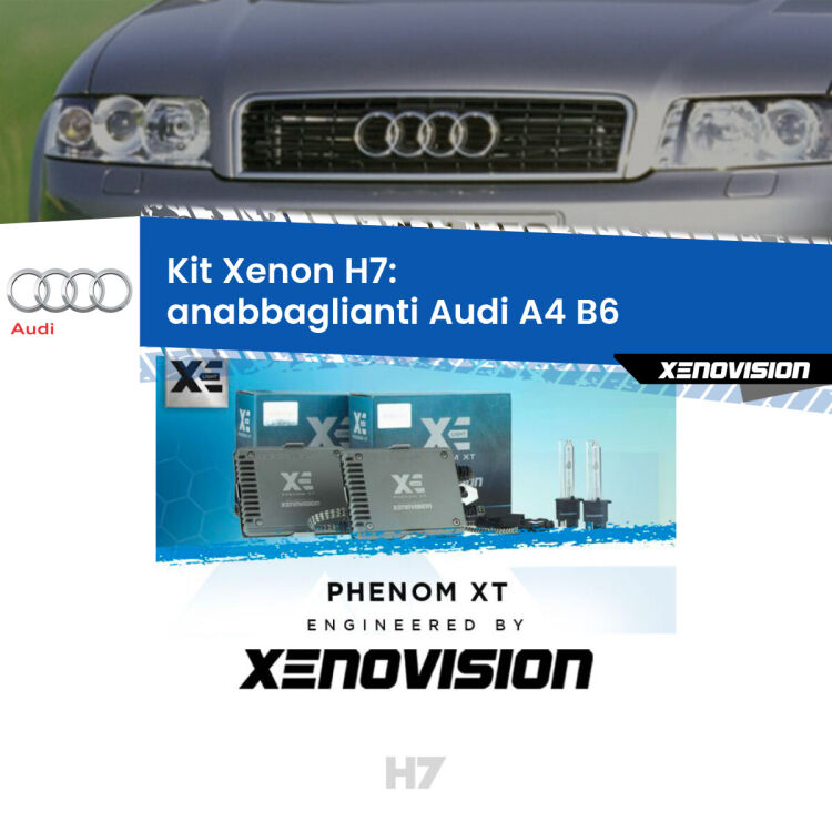 <strong>Kit Xenon H7 Professionale per Audi A4 </strong> B6 (2000 - 2004). Taglio di luce perfetto, zero spie e riverberi. Leggendaria elettronica Canbus Xenovision. Qualità Massima Garantita.