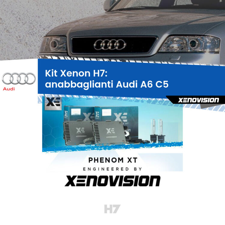 <strong>Kit Xenon H7 Professionale per Audi A6 </strong> C5 (2002 - 2004). Taglio di luce perfetto, zero spie e riverberi. Leggendaria elettronica Canbus Xenovision. Qualità Massima Garantita.