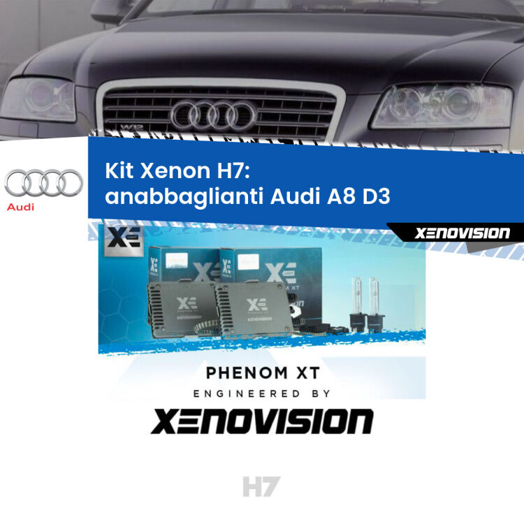 <strong>Kit Xenon H7 Professionale per Audi A8 </strong> D3 (2002 - 2009). Taglio di luce perfetto, zero spie e riverberi. Leggendaria elettronica Canbus Xenovision. Qualità Massima Garantita.