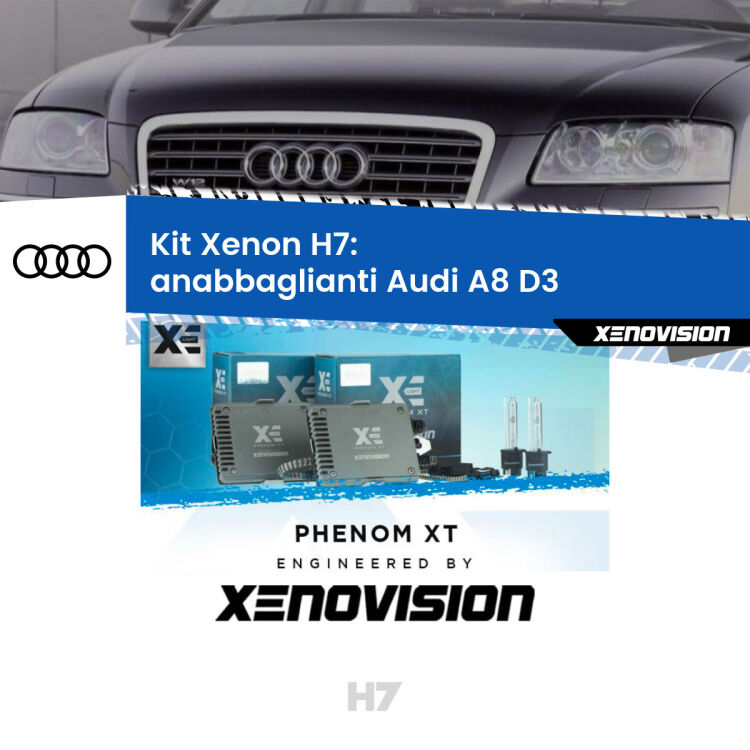 0 Kit Xenon H7 Canbus per Audi A8 D3 (2002 - 2009) <strong>Kit Xenon H7 Professionale per Audi A8 </strong> D3 (2002 - 2009). Taglio di luce perfetto, zero spie e riverberi. Leggendaria elettronica Canbus Xenovision. Qualità Massima Garantita.