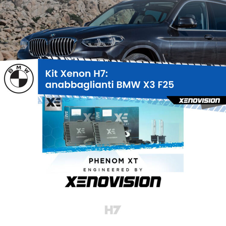 0 Kit Xenon H7 Canbus per BMW X3 F25 (2010 - 2016) <strong>Kit Xenon H7 Professionale per BMW X3 </strong> F25 (2010 - 2016). Taglio di luce perfetto, zero spie e riverberi. Leggendaria elettronica Canbus Xenovision. Qualità Massima Garantita.