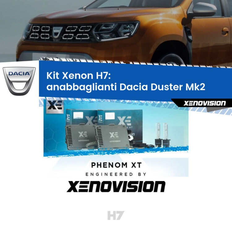 <strong>Kit Xenon H7 Professionale per Dacia Duster </strong> Mk2 (2017 in poi). Taglio di luce perfetto, zero spie e riverberi. Leggendaria elettronica Canbus Xenovision. Qualità Massima Garantita.