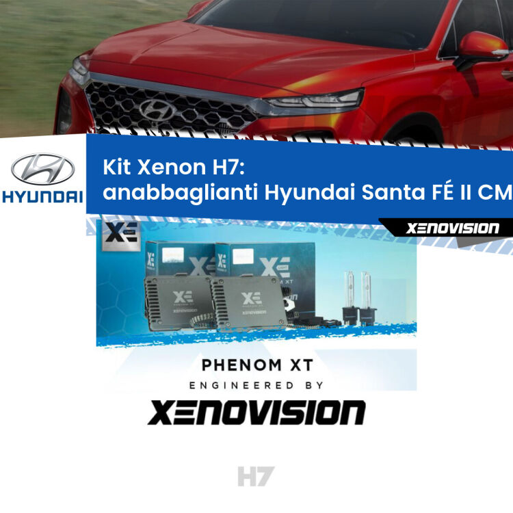 <strong>Kit Xenon H7 Professionale per Hyundai Santa FÉ II </strong> CM (lenticolare). Taglio di luce perfetto, zero spie e riverberi. Leggendaria elettronica Canbus Xenovision. Qualità Massima Garantita.