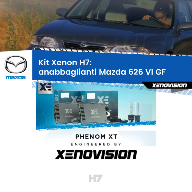 <strong>Kit Xenon H7 Professionale per Mazda 626 VI </strong> GF (1997 - 2002). Taglio di luce perfetto, zero spie e riverberi. Leggendaria elettronica Canbus Xenovision. Qualità Massima Garantita.