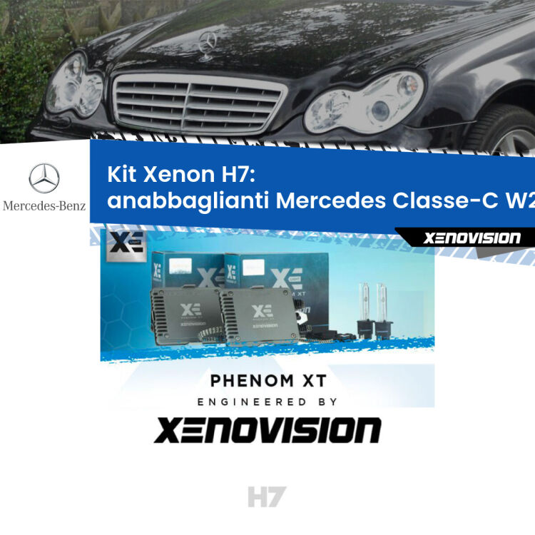 <strong>Kit Xenon H7 Professionale per Mercedes Classe-C </strong> W203 (2000 - 2007). Taglio di luce perfetto, zero spie e riverberi. Leggendaria elettronica Canbus Xenovision. Qualità Massima Garantita.