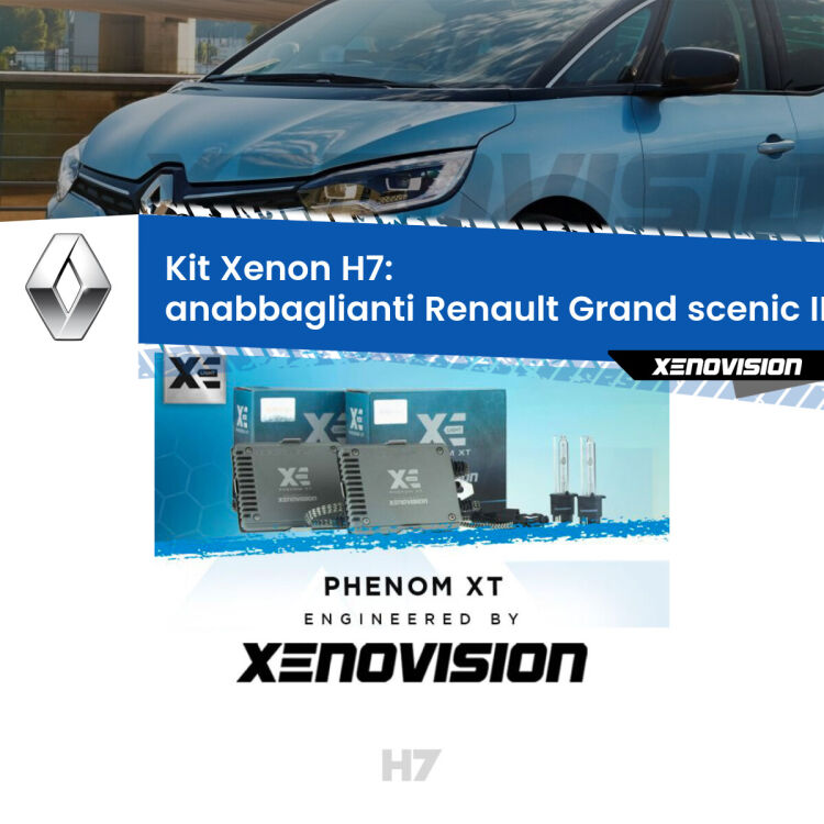 <strong>Kit Xenon H7 Professionale per Renault Grand scenic II </strong> Mk2 (2004 - 2009). Taglio di luce perfetto, zero spie e riverberi. Leggendaria elettronica Canbus Xenovision. Qualità Massima Garantita.