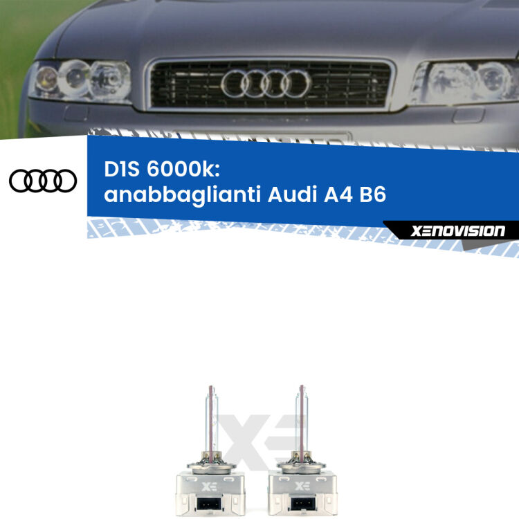 Lampade Xenon D1S per Anabbaglianti Audi A4 B6 2001 - 2004 <b>Lampade xenon D1S 6000k Plug&Play</b> di ricambio per fari Anabbaglianti xenon di serie <b>Audi A4</b> B6 2001 - 2004. Qualità Massima, Performance pari alle originali.