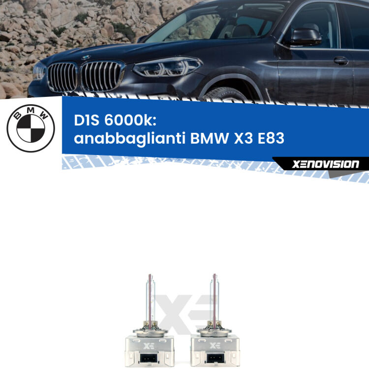 Lampade Xenon D1S per Anabbaglianti BMW X3 E83 2006 - 2010 <b>Lampade xenon D1S 6000k Plug&Play</b> di ricambio per fari Anabbaglianti xenon di serie <b>BMW X3</b> E83 2006 - 2010. Qualità Massima, Performance pari alle originali.