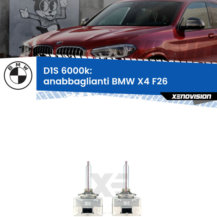 Lampade Xenon D1S per Anabbaglianti BMW X4 F26 2014 - 2017 <b>Lampade xenon D1S 6000k Plug&Play</b> di ricambio per fari Anabbaglianti xenon di serie <b>BMW X4</b> F26 2014 - 2017. Qualità Massima, Performance pari alle originali.