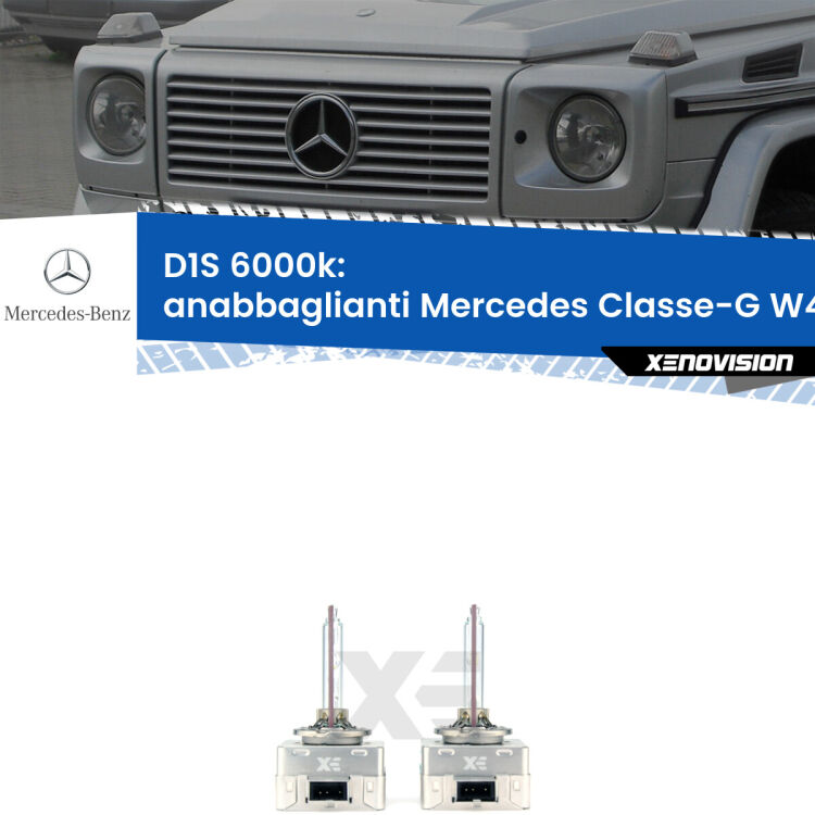 Lampade Xenon D1S per Anabbaglianti Mercedes Classe-G W463 1991 - 2004 <b>Lampade xenon D1S 6000k Plug&Play</b> di ricambio per fari Anabbaglianti xenon di serie <b>Mercedes Classe-G</b> W463 1991 - 2004. Qualità Massima, Performance pari alle originali.
