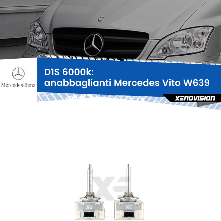 Lampade Xenon D1S per Anabbaglianti Mercedes Vito W639 2003 - 2012 <b>Lampade xenon D1S 6000k Plug&Play</b> di ricambio per fari Anabbaglianti xenon di serie <b>Mercedes Vito</b> W639 2003 - 2012. Qualità Massima, Performance pari alle originali.