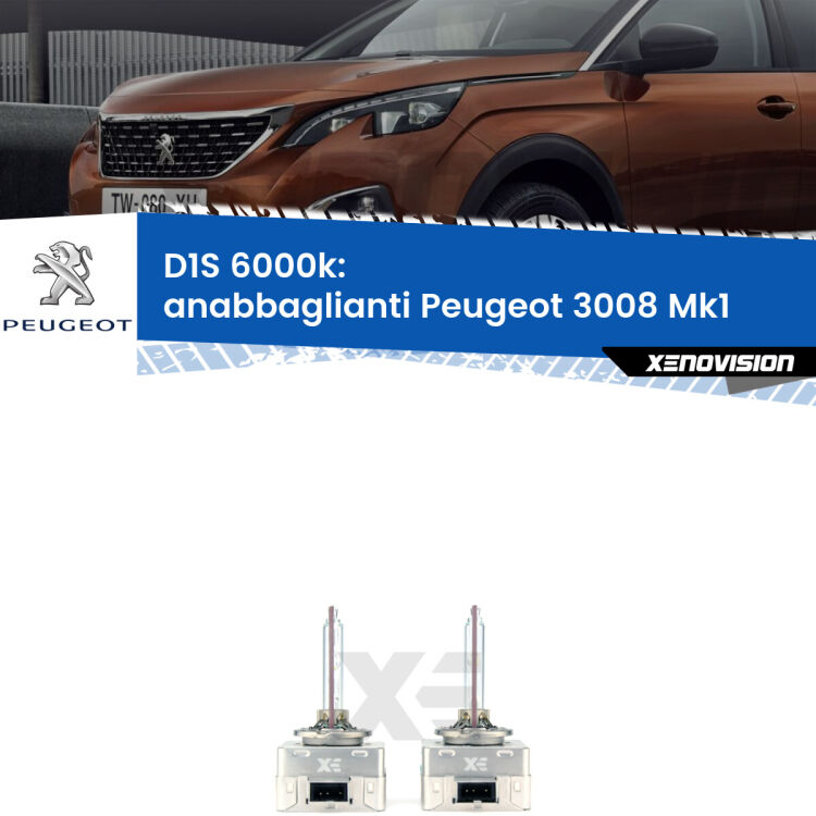 <b>Lampade xenon D1S 6000k Plug&Play</b> di ricambio per fari Anabbaglianti xenon di serie <b>Peugeot 3008</b> Mk1 2008 - 2015. Qualità Massima, Performance pari alle originali.