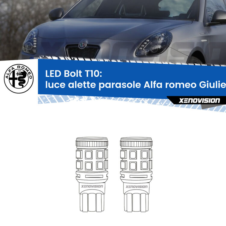 0 Luce Alette Parasole LED Alfa romeo Giulietta 2010 in poi: T10 Bolt <strong>Luce Alette Parasole LED per Alfa romeo Giulietta</strong> 2010 in poi. Coppia lampade <strong>T10</strong> modello Bolt canbus.
