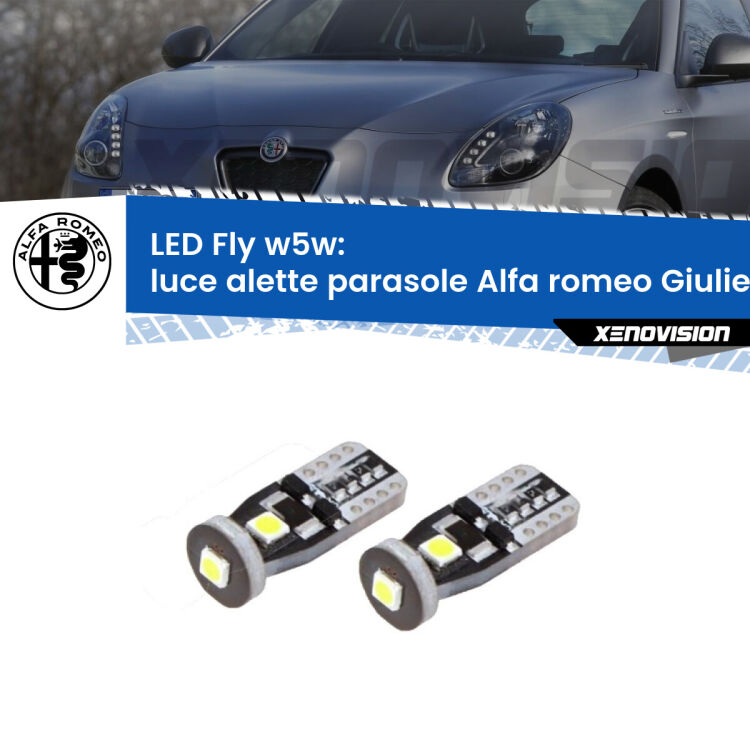 0 Luce Alette Parasole LED Alfa romeo Giulietta 2010 in poi: W5W Fly <strong>luce alette parasole LED per Alfa romeo Giulietta</strong> 2010 in poi. Coppia lampadine <strong>w5w</strong> Canbus compatte modello Fly Xenovision.