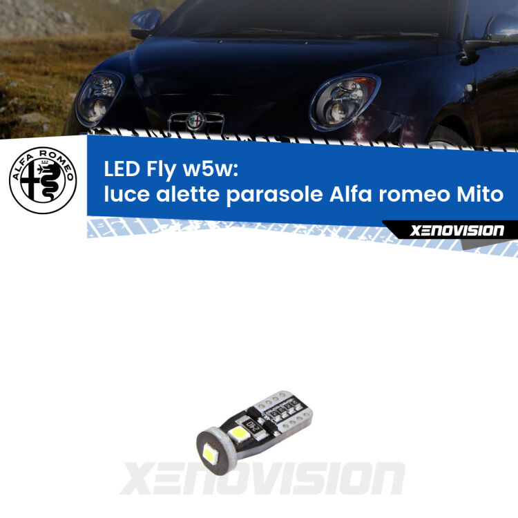 <strong>luce alette parasole LED per Alfa romeo Mito</strong>  2008 - 2018. Coppia lampadine <strong>w5w</strong> Canbus compatte modello Fly Xenovision.