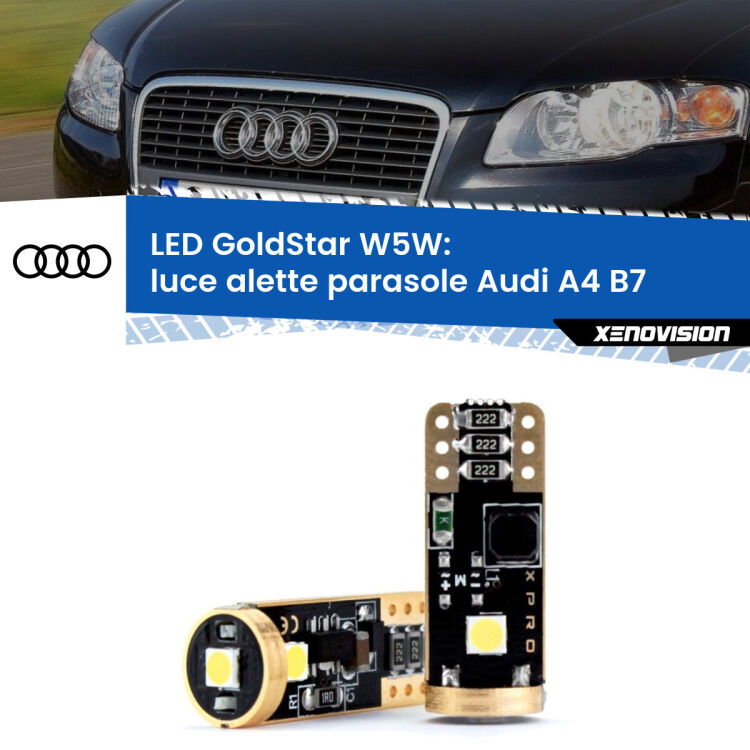 0 Luce Alette Parasole LED Audi A4 B7 2004 - 2008: T10 GoldStar <strong>Luce Alette Parasole LED Audi A4</strong> B7 2004 - 2008: ottima luminosità a 360 gradi. Si inseriscono ovunque. Canbus, Top Quality.