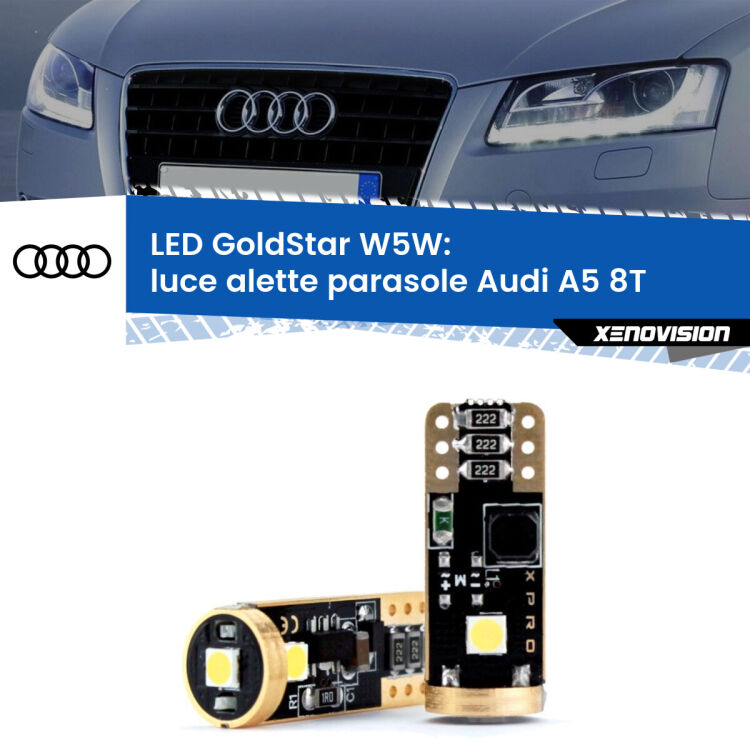 0 Luce Alette Parasole LED Audi A5 8T 2007 - 2017: T10 GoldStar <strong>Luce Alette Parasole LED Audi A5</strong> 8T 2007 - 2017: ottima luminosità a 360 gradi. Si inseriscono ovunque. Canbus, Top Quality.