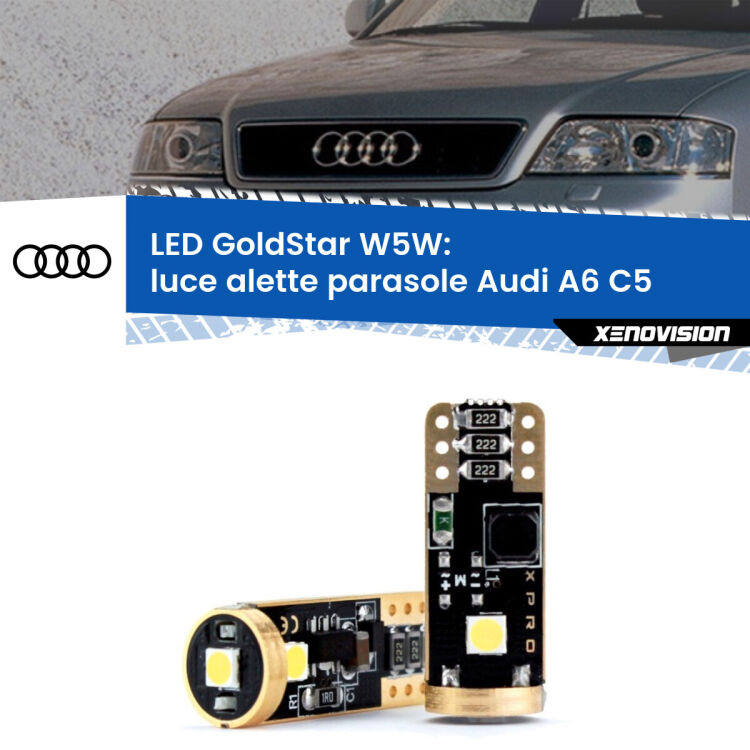 0 Luce Alette Parasole LED Audi A6 C5 1997 - 2004: T10 GoldStar <strong>Luce Alette Parasole LED Audi A6</strong> C5 1997 - 2004: ottima luminosità a 360 gradi. Si inseriscono ovunque. Canbus, Top Quality.