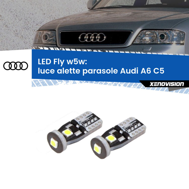 0 Luce Alette Parasole LED Audi A6 C5 1997 - 2004: W5W Fly <strong>luce alette parasole LED per Audi A6</strong> C5 1997 - 2004. Coppia lampadine <strong>w5w</strong> Canbus compatte modello Fly Xenovision.