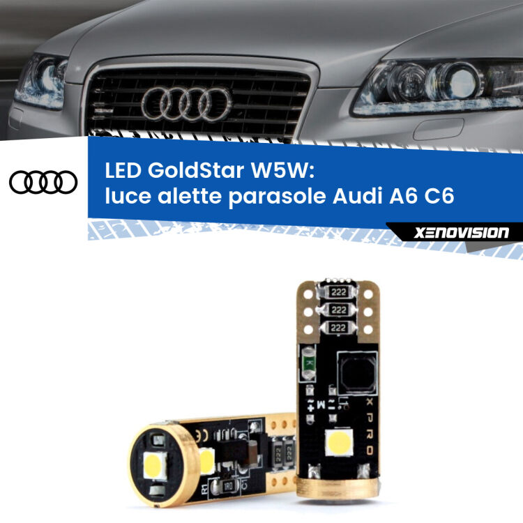 0 Luce Alette Parasole LED Audi A6 C6 2004 - 2011: T10 GoldStar <strong>Luce Alette Parasole LED Audi A6</strong> C6 2004 - 2011: ottima luminosità a 360 gradi. Si inseriscono ovunque. Canbus, Top Quality.
