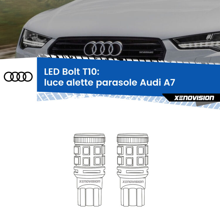 0 Luce Alette Parasole LED Audi A7 2010 - 2018: T10 Bolt <strong>Luce Alette Parasole LED per Audi A7</strong> 2010 - 2018. Coppia lampade <strong>T10</strong> modello Bolt canbus.