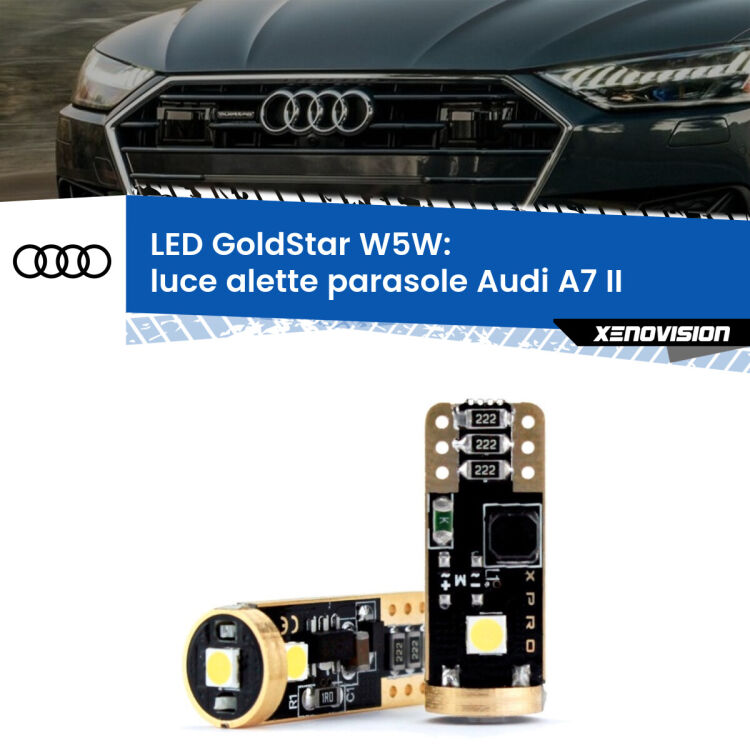 0 Luce Alette Parasole LED Audi A7 II 2019 in poi: T10 GoldStar <strong>Luce Alette Parasole LED Audi A7</strong> II 2019 in poi: ottima luminosità a 360 gradi. Si inseriscono ovunque. Canbus, Top Quality.