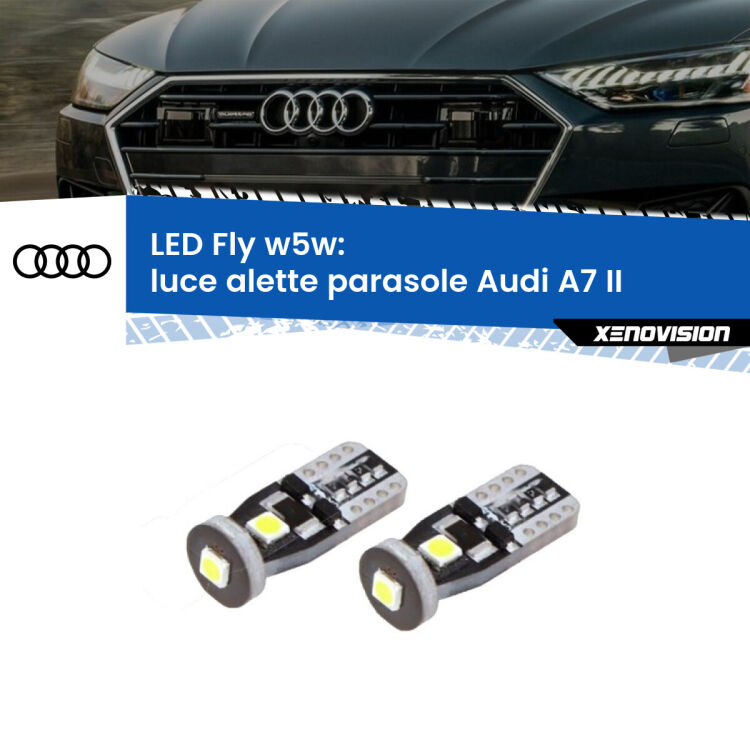 0 Luce Alette Parasole LED Audi A7 II 2019 in poi: W5W Fly <strong>luce alette parasole LED per Audi A7</strong> II 2019 in poi. Coppia lampadine <strong>w5w</strong> Canbus compatte modello Fly Xenovision.