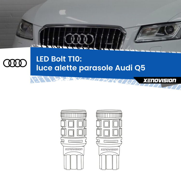 0 Luce Alette Parasole LED Audi Q5 2008 - 2017: T10 Bolt <strong>Luce Alette Parasole LED per Audi Q5</strong> 2008 - 2017. Coppia lampade <strong>T10</strong> modello Bolt canbus.