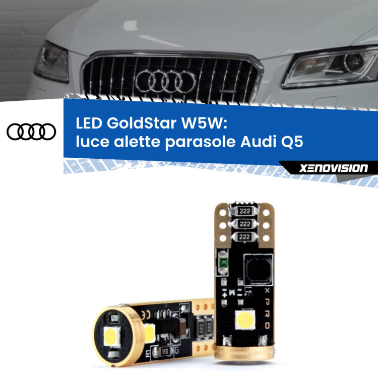 0 Luce Alette Parasole LED Audi Q5 2008 - 2017: T10 GoldStar <strong>Luce Alette Parasole LED Audi Q5</strong> 2008 - 2017: ottima luminosità a 360 gradi. Si inseriscono ovunque. Canbus, Top Quality.