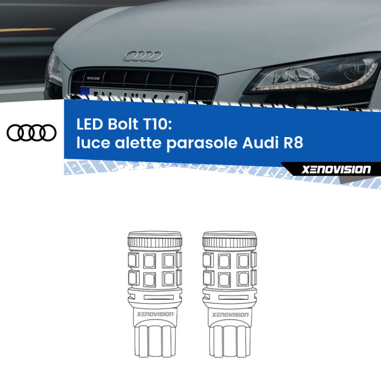 0 Luce Alette Parasole LED Audi R8 2007 - 2015: T10 Bolt <strong>Luce Alette Parasole LED per Audi R8</strong> 2007 - 2015. Coppia lampade <strong>T10</strong> modello Bolt canbus.