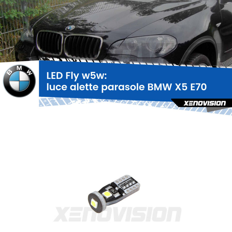 <strong>luce alette parasole LED per BMW X5</strong> E70 2006 - 2013. Coppia lampadine <strong>w5w</strong> Canbus compatte modello Fly Xenovision.
