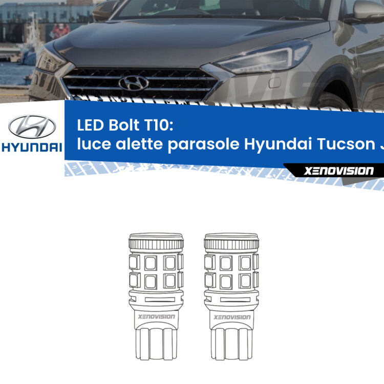 0 Luce Alette Parasole LED Hyundai Tucson JM 2004 - 2010: T10 Bolt <strong>Luce Alette Parasole LED per Hyundai Tucson</strong> JM 2004 - 2010. Coppia lampade <strong>T10</strong> modello Bolt canbus.
